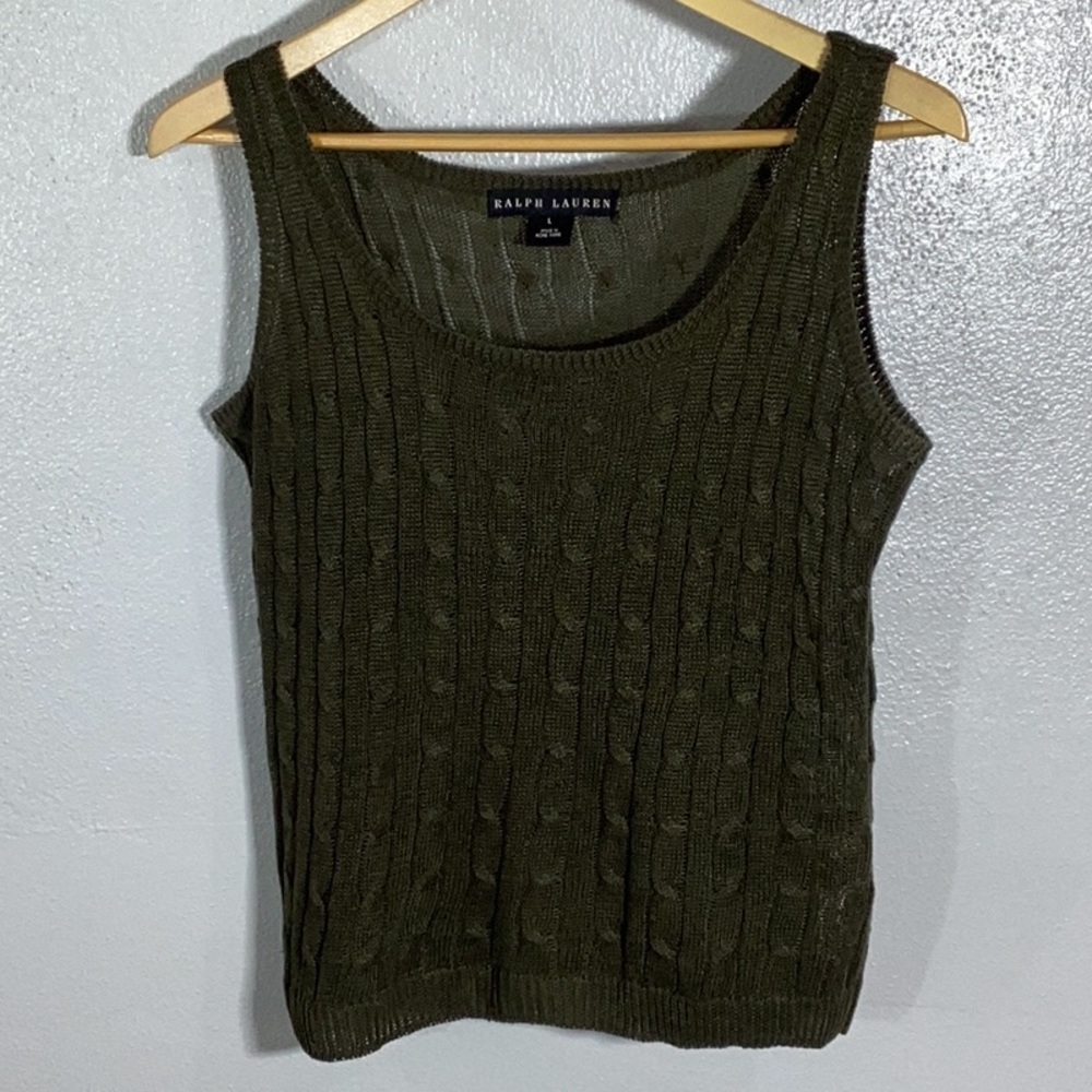 Ralph Lauren Black Label Green 100% Linen Cable knit Sweater Tank Woman Large